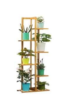 a wooden shelf filled with potted plants