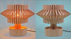 two different views of a lamp made out of popsicle sticks, one with an orange light in the middle