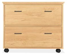 a wooden dresser with two drawers and wheels on the bottom, against a white background