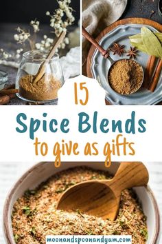 spice blends to give as gifts for the holidays and christmas season, with text overlay that reads 15 spice blends to give as gifts