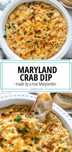 a close up of a casserole dish with bread on the side and text overlay that reads, maryland crab dip made by a true marylander