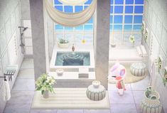 a bathroom scene with an animal in the bathtub and potted plants on the floor