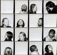 multiple images of people looking at each other in black and white, with one man's face partially obscured by the woman's head