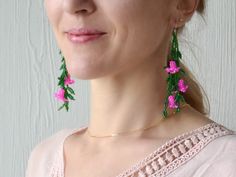 Green Beaded Dangle Earrings Pink Flower Leaf Earrings Boho - Etsy Ukraine Pink Beaded Dangle Earrings With Bead Caps, Pink Beaded Earrings With Bead Caps As Gift, Pink Dangle Beaded Earrings With Bead Caps, Pink Dangle Flower Earrings With Colorful Beads, Pink Flower Earrings With Dangling Round Beads, Pink Dangling Beads Flower Drop Earrings, Bohemian Pink Earrings With Bead Caps, Green Flower Earrings With Dangling Beads, Green Flower-shaped Beaded Earrings With Dangling Beads