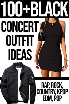 a woman in a black dress and jacket with the words, 100 + black concert outfit ideas