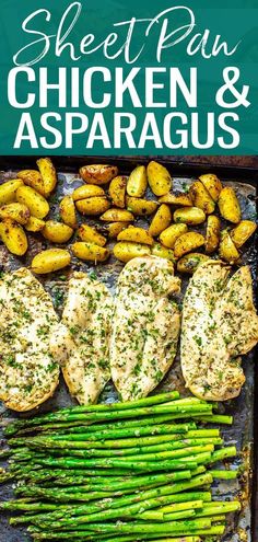 sheet pan chicken and asparagus on a grill with potatoes