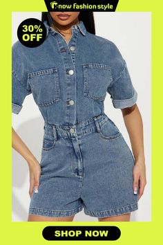 Sexy Turndown Collar Half Sleeve High Waist Pocket Buckle Loose Fit Denim Romper Trendy High-rise Denim Jumpsuit, Trendy Fitted Denim Top With Pockets, Loose Fit Denim, Rompers Online, Denim Romper, Turndown Collar, Wholesale Fashion, Hip Length, Half Sleeve