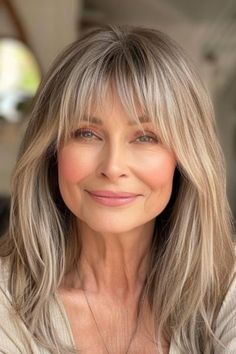 #haircolor #hairstyle #hairideas #hair #Ombrégreyhair #colorfullhairs Over 50 Hair With Bangs, Style After 60 Older Women, Over 60 Hairstyles With Bangs, Growing Out Bangs Hairstyles Over 50, Layers For Long Hair With Bangs, Wispy Side Bangs Long Hair, Medium Length Hair With Bangs And Layers, Long Hairstyles With Layers And Bangs, 60 Lovely Long Shag Haircuts