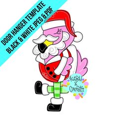 an image of a cartoon santa clause holding a candy cane with the caption door hanger template black and white png file