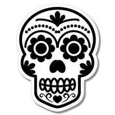 a black and white sugar skull sticker with flowers on it's head,