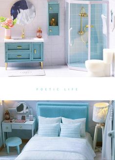 two photos side by side of a blue and white room with a bed, sink, mirror and shower