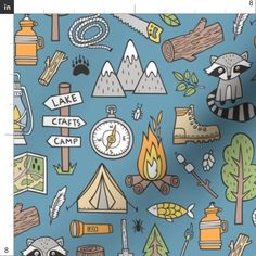 a blue background with camping related items