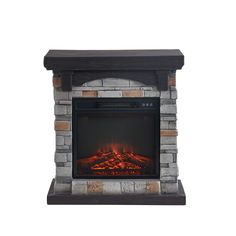 an electric fireplace is shown with the fire burning in it's side and top