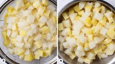 two pictures showing how to cut potatoes in a strainer