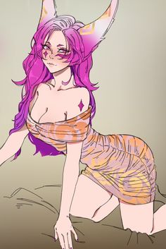 a drawing of a woman with purple hair and horns on her head, sitting on a bed