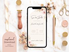 an iphone with the wedding program displayed on it next to some flowers and other items