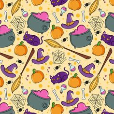 halloween seamless pattern with witch hats and pumpkins on yellow background stock photo - budget conscious