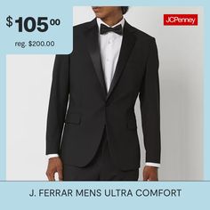 Suit your special occasion perfectly with this single-breasted men's tuxedo jacket from J. Ferrar. Its cut for a slim-fit from a stretch woven-blend for ultra comfort and mobility and is designed with peak lapels, and multiple pockets to conceal your small essentials. Pair with the matching tuxedo pants and sleek oxfords for a wedding.Front Style: Single BreastedFeatures: Stretch FabricClosure Type: ButtonFit: Classic FitPockets: 2 Inside Slip Pockets, 2 Front Flap Pockets, 1 Inside Button Pock… Black Formal Outerwear For Holidays, Formal Black Holiday Outerwear, Fitted Formal Holiday Blazer, Fitted Holiday Blazer For Formal Occasions, Elegant Holiday Formal Blazer, Tailored Tuxedo Blazer For Holiday, Tailored Tuxedo For Holiday Formal Events, Elegant Tailored Tuxedo For Holidays, Fitted Tuxedo For Holiday Formal Occasions