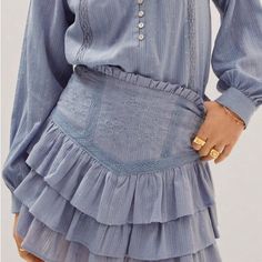 This Embroidered Ruffled Skirt Has A Zip And Hook Closure. It Is 17” In Length. Size Large Material: Cotton Questions? Leave A Comment Below Cheap Mini Skirt With Frayed Hem For Spring, Light Blue Ruffled Mini Skirt, Light Blue Ruffled Bottoms, Chic Light Blue Bottoms With Ruffles, Light Blue Tiered Mini Skirt, Blue Ruffled Skort, Blue Mini Skirt With Ruffle Hem, Light Blue Cotton Tiered Mini Skirt, Chic Blue Ruffled Skort