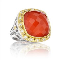 Tacori Sterling/18k Scarlet Quartz Over Red Onyx W/Diamonds Ring Details: Yellow Gold And Sterling Silver. The Ring Appears To Be A Size 6.25-6.5 And Measures Approximately 21.67mm Down To 4.8mm In Tapered Width And Weighs Approximately 13.3 Grams. The Ring Contains 1 Cushion Cut Red Onyx And 16 Round Diamonds Approximately Measuring 1.68mm In Diameter. The Total Approximate Diamond Carat Weight Is .27ct. Onyx Diamond Ring, Tacori Jewelry, Cushion Ring, Right Hand Rings, Diamond Cocktail Rings, Designer Engagement Rings, Cushion Cut, Womens Jewelry Rings, Sterling Ring