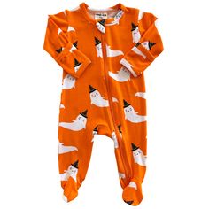 2-Way Zip Footie, Orange Ghost – SpearmintLOVE Fitted Cotton Footie For Playtime, Playful Fitted Onesie For Sleepovers, Playful Fitted Onesie For Bedtime, Playful Fitted Footie For Bedtime, Cute Halloween Onesie For Loungewear, Fitted Cotton Footie For Loungewear, Fitted White Onesie For Fall, Fitted White Long Sleeve Footie, White Fitted Long-sleeve Footie