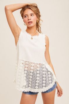 crochet hem tank top runs tts Chic Summer Lace Top For Layering, Chic Lace Top For Summer Layering, Lace Tops With Crochet Trim For Layering, Chic Spring Tops With Cutwork Hem, Lace Sleeveless Tank Top For Layering, Summer Lace Top With Lace Trim For Layering, Breezy Sleeveless Top For Day Out, Sleeveless Lace Top With Lace Trim For Layering, Beach Cotton Tank Top With Crochet Trim