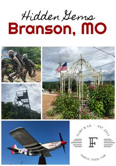 an advertisement for branon, mo with photos of various things in the background and text