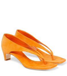 Finish your look on a vibrant suede note with these orange sandals from Christopher Esber. Made in Italy, they have square toes and are set on 50mm heels with a closed back reminiscent of a pump. Summer Suede Heels With Leather Sole, Summer Suede Mules With Heel Strap, Square Toe Suede Sandals For Summer, Summer Kitten Heels With Leather Sole, Summer Square Toe Suede Heels, Spring Square Toe Suede Sandals, Summer Suede Mules With Sculpted Heel, Summer Suede Square Toe Heels, Summer Suede Heels With Square Toe