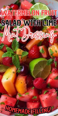 watermelon fruit salad with lime and mint dressing is shown in a white bowl