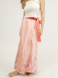 Introducing the Sullivan Skirt in Coral Embroidery. This wrap skirt boasts contrasting coral embroidery and a maxi length, perfect for a beachy look. Elevate your style while enjoying the comfort and versatility this skirt has to offer. Summer Beach Skirt With Floral Embroidery, Vacation Cotton Skirt With Floral Embroidery, Cotton Skirt With Floral Embroidery For Beach, Factory Icon, Coral Embroidery, Juliet Dunn, Live Shop, Spring Capsule, Daytime Dresses