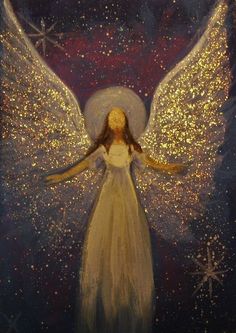 an angel with white wings and gold sparkles