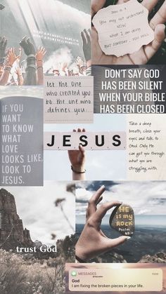 a collage of images with words and pictures on them, including jesus's hand