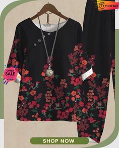 Black Floral Print Casual Two-piece Suits Black Long Sleeve Pant Set For Spring, Printed Black Sets For Spring, Black Printed Sets For Spring, Casual Black Pant Set For Spring, Mix Match Outfits, Flower Print Shirt, Cotton Casual Pants, Plus Size Suits, Half Sleeve Tops