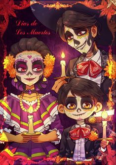 three children dressed up in halloween costumes, one holding a candle and the other wearing makeup