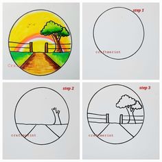 four different pictures showing how to draw a tree in the shape of a circle with words on it