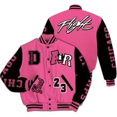 Brand Dunkare Air Max SNDR Hyper Pink Varsity Jacket AIR Number 23 GOAT All Over Print Letterman Jackets Varsity Jacket Pink, Pink Varsity Jacket, Letterman Jackets, Unique Jackets, Clothes Girl, Types Of Jackets, Letterman Jacket, Jacket Design, Pink And Black