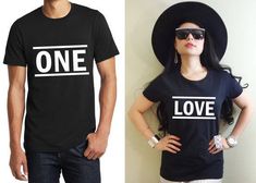 "One Love T-shirts For Couple Cool Valentines Vintage Tee Price is for one T shirt AVAILABLE SIZES WOMAN: XS, S,M,L,XL,2XL AVAILABLE SIZES MAN: S,M,L,XL,2XL COLOR: BLACK CONDITION: BRAND NEW T-SHIRT SPECS : 100% high quality pre-shrunk cotton (165 g/m2) jersey). Taped neck and shoulders, twin needle stitching, seamless collar. PRINT: Highest quality print - not cheap \"iron-on\" transfers! MEASUREMENTS : width - armpit to armpit ; length - the body length is measured in a straight line from the Cool Valentines, Cricut Valentine, Country Summer Outfits, Valentines Vintage, Word Ideas, Matching Fits, Funny Couple Shirts, Couples Shirts, Anniversary Shirt