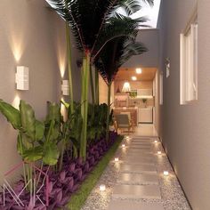 a long hallway with plants and lights on the wall next to it is lit up at night