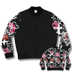 Women's Bomber Jacket Graffiti Pattern Edgy Stylish Modern Chic Black White Trendy Black Outerwear With Graffiti Print, Black Urban Outerwear With Graphic Print, Edgy Long Sleeve Outerwear With Graffiti Print, Black Long Sleeve Outerwear With Graffiti Print, Black Graffiti Print Long Sleeve Outerwear, Modern Chic, Vest Jacket, Bomber Jacket, Women Accessories