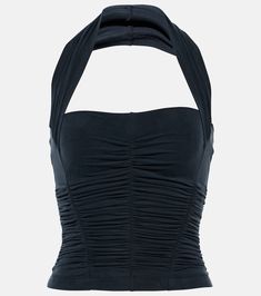 Petrol ruched halterneck top in black - KNWLS | Mytheresa Halter Neck Top With Built-in Bra And 4-way Stretch, Stretch Halter Neck Top For Evening, Stretch Elastane Halter Neck Top, Stretch Elastane Halter Top, Fitted Backless Elastane Halter Top, Fitted Party Top With Gathered Neckline, Stretch Halter Top With Built-in Bra, Elegant Fitted Tops With Elastic Neckline, Elegant Fitted Top With Elastic Neckline