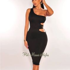 This Dress Is An Ultra Curve-Hugging Fit. Designed On A One Shoulder Neckline, Cut Out Detail On A Midi Silhouette. This Is One Dress You'll Want To Own For Nights Out. One Shoulder Neckline Sleeveless Cut Out Detail Lace Up Detail Midi Length Double Lined Curve-Hugging Fit Stretchy Fabric: 95% Poly - 5% Spandex Length: 42" Cutout Midi Length Club Dresses, Club Midi Length Cutout Dresses, Midi Length Cutout Dress For Club, Club Midi Dress With Cutout Details, Cutout Midi Dress For Going Out, Black Knee-length Dress With Cutout, Hot Miami Styles Dresses, Padded Dress, Knit Tank Dress