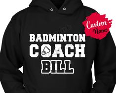 a black hoodie with the words basketball coach john in white and red on it