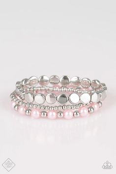 Alternating pink pearls and shiny silver beads are threaded along a stretchy elastic band, creating a casual, yet refined centerpiece. A strand of classic silver beads and a collection of silver discs create two additional bracelets that layer together flawlessly. Lead Free and Nickel Free Pink Pearls, Silver Pearl Necklace, Silver Bead Bracelet, Pink Necklace, Paparazzi Accessories, Stretchy Bracelets, Affordable Jewelry, Glamour Fashion, Pink Bracelet