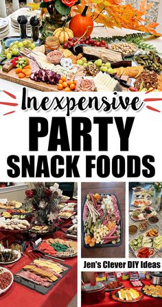 an assortment of party snack foods displayed on a table with text overlay that reads, expensive party snack foods