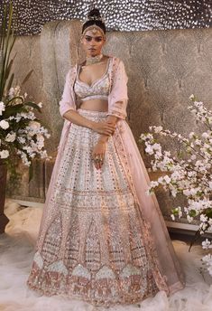 Bindani By Jigar And Nikita | Glacier Embroidered Lehenga Set | INDIASPOPUP.COM Pink Bridal Lehenga, Elephant Embroidery, Elephant Motif, Raw Silk Lehenga, Sabyasachi Lehenga, Wedding Sari, Blue Lehenga, Pink Lehenga, Embroidered Lehenga