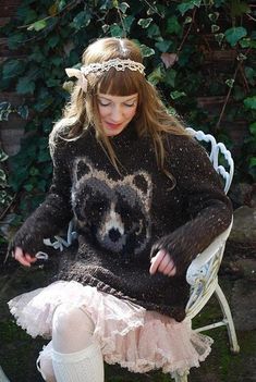 "hi ♥ before you get too excited, this is a knitting pattern k? After your purchase, the download link will be available immediately through etsy! ♥ oooooooooooooooo oh my bear! this is a good sweater to wear in the woods if you are worried about running into a bear. if you see one, you can simply point to your sweater and explain at that point that you are a bear supporter. then they might see reason and offer you some porridge! ♥ this pattern is one-size only: department store LARGE 24\" wide Black And White Bear Sweater, Knitting Charts Oversized Sweater, Intarsia Animal Sweater Women, Unicorn Knitting Pattern Sweater, Forest Knitting Pattern, Star Wars Sweater Pattern, Teddy Bear Sweater Pattern, Tiny Owl Knits, Felting Art