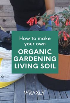 a woman sitting on a wooden deck next to a potted plant with text overlay how to make your own organic gardening living soil