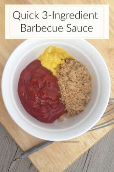 a white bowl filled with different sauces on top of a wooden cutting board