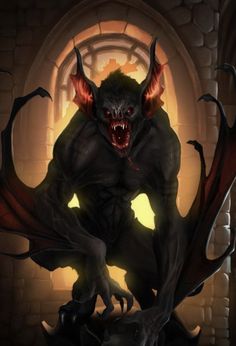 a demonic creature with horns and fangs on it's face, standing in front of a