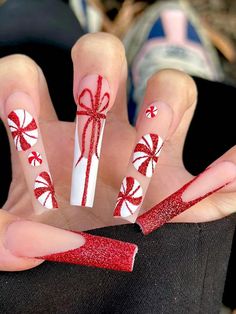 Elevate Your Style with 24Pcs of Long Water Pipe Fake Nails Red Bow Candies Christmas Style Press-on nailsI discovered amazing products on SHEIN.com, come check them out! Pita Merah, Xmas Nail Art, Fake Nails Long, Nagel Tips, Coffin Press On Nails, Nails Long, Stick On Nails, Xmas Nails, Square Acrylic Nails